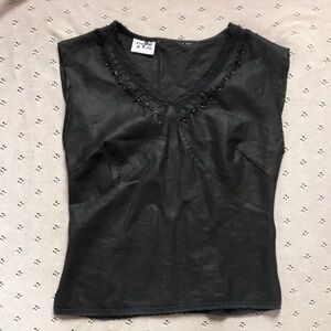 Vintage linen blouse top tank beaded crocheted trim cottagecore indi